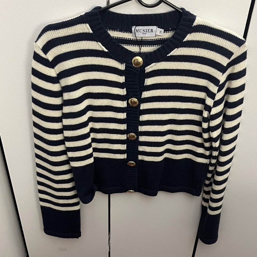 Musier Paris Navy and Cream Striped Cardigan